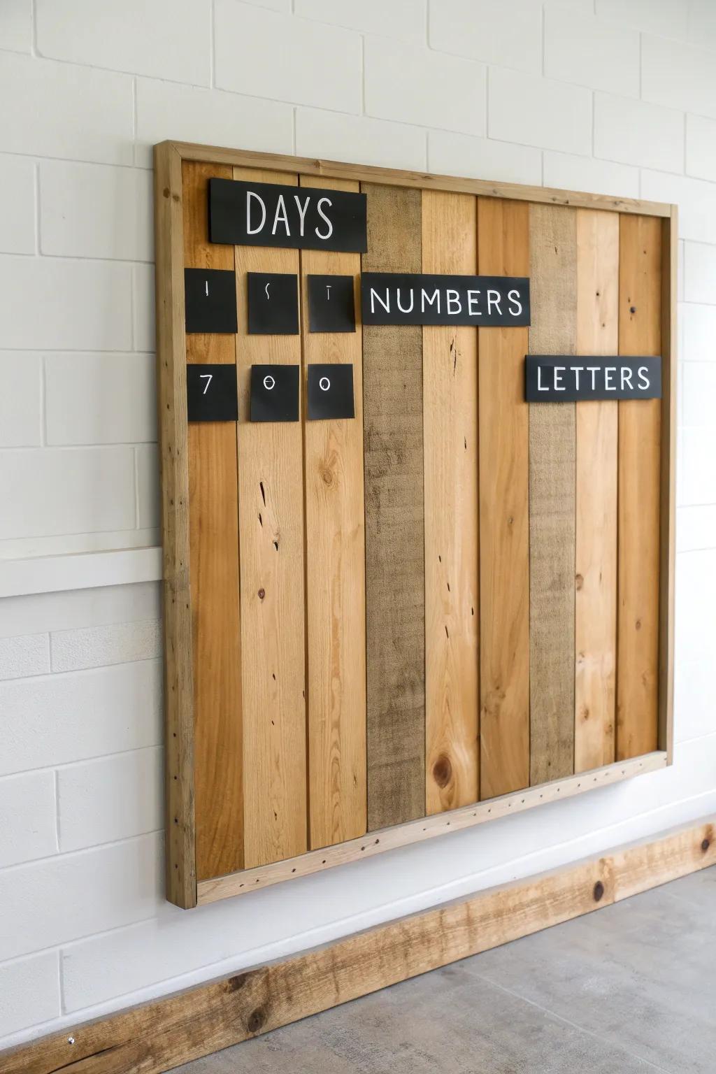 Rustic learning wall: warm wood grain backdrop with crisp black labels for calm, organized vibes.