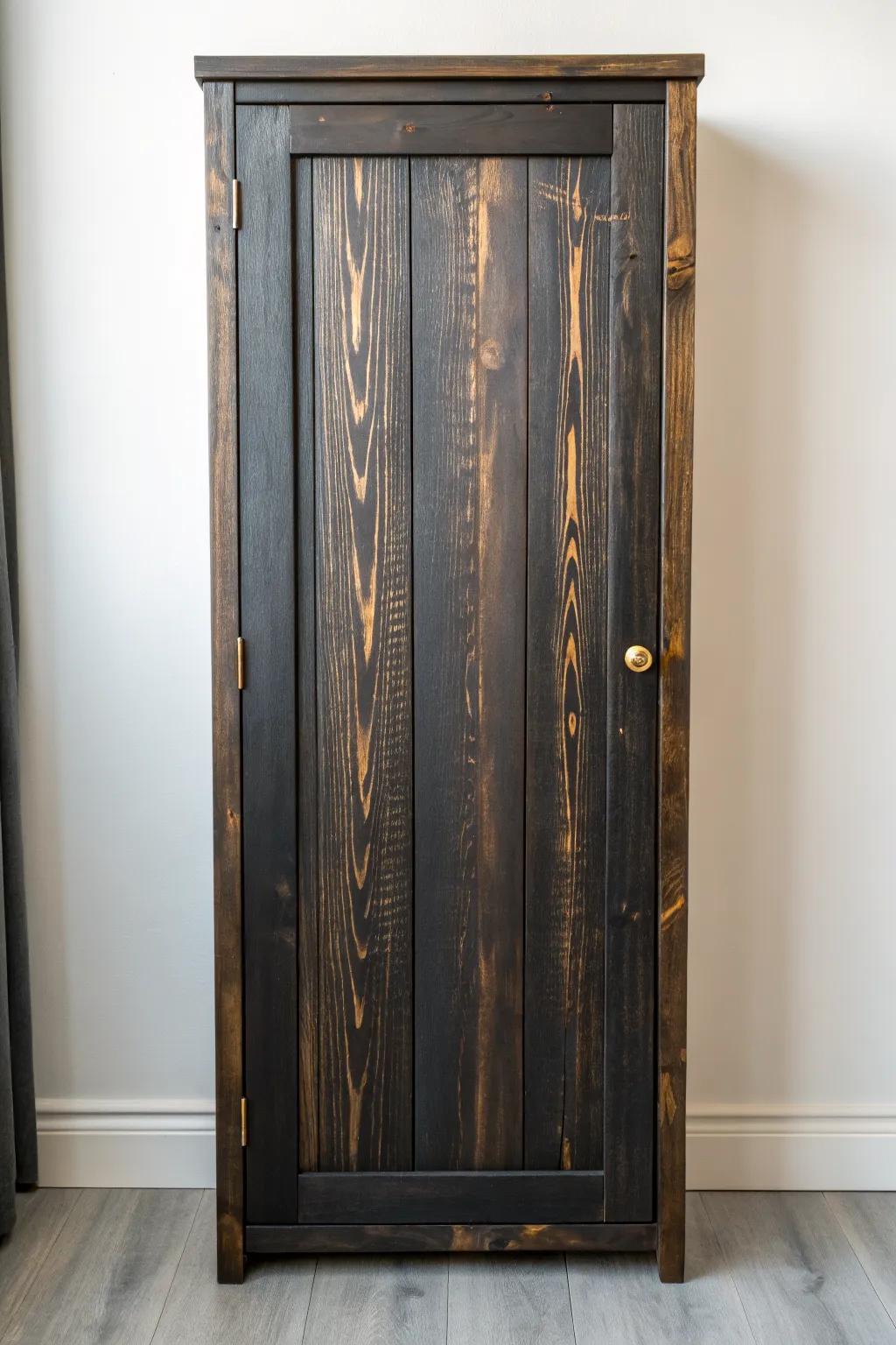 Charred wood cabinet door: smoky black grain, sealed satin finish for rustic modern kitchens.