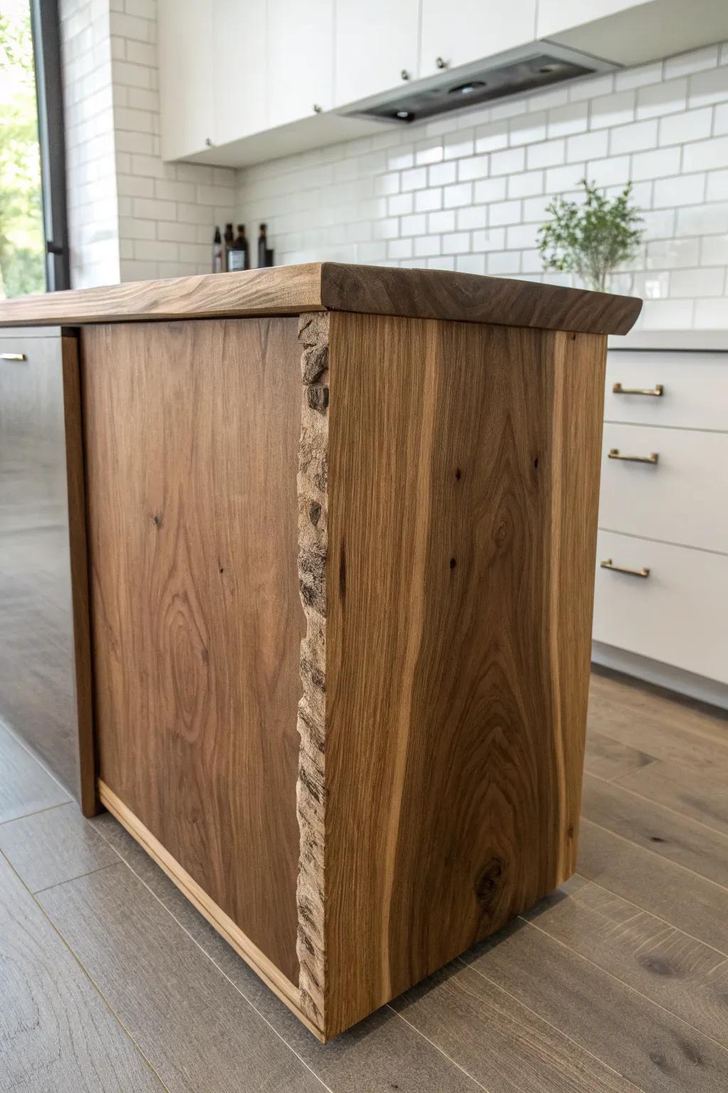 Live-edge walnut end panel: rustic warmth with clean Scandinavian lines and bold grain.