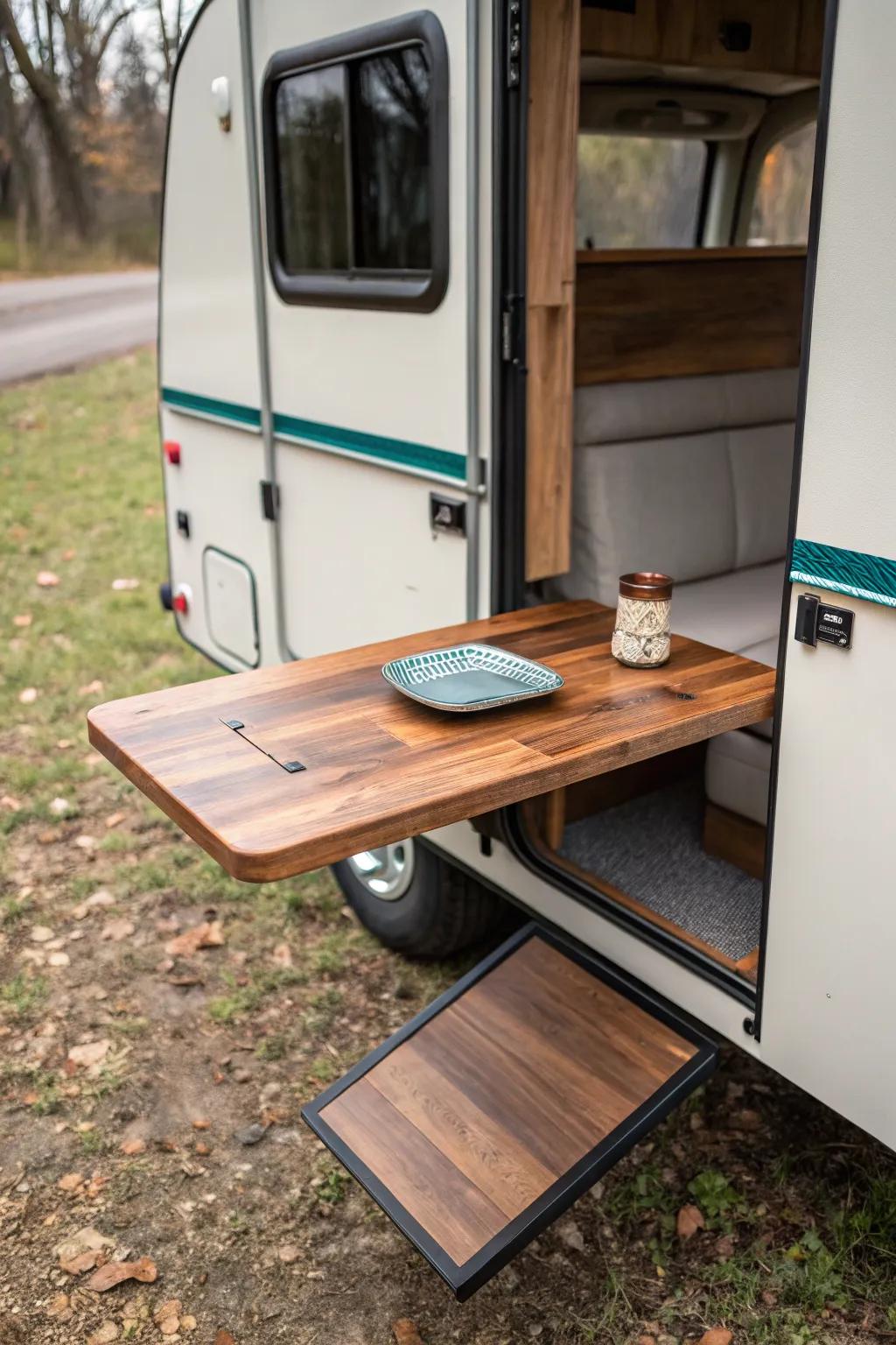 Fold-down walnut snack table with a tiny epoxy river—rustic camper style with modern shine.