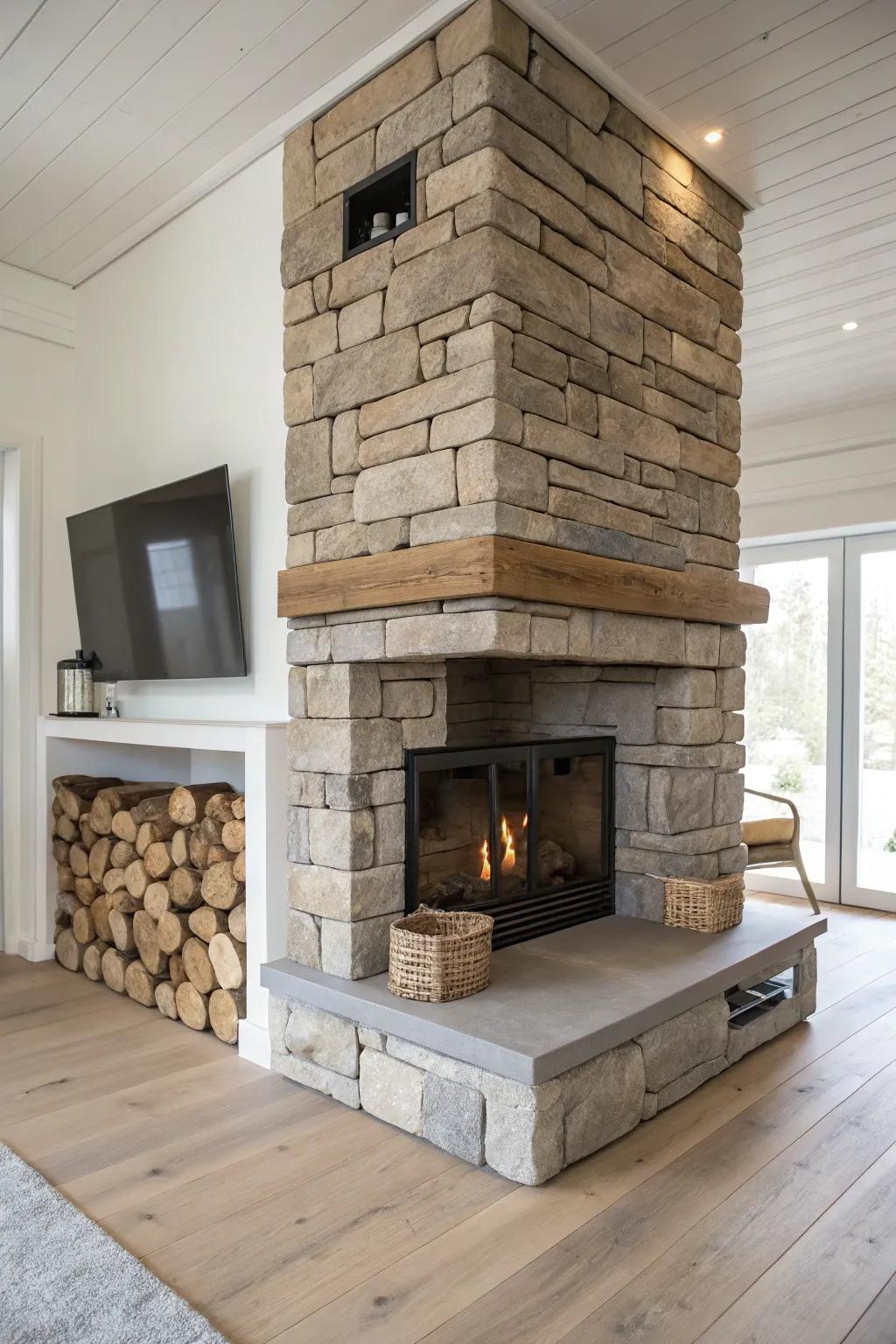 Two-tone fieldstone + stacked-stone corner fireplace with a slim oak mantel for rustic texture.