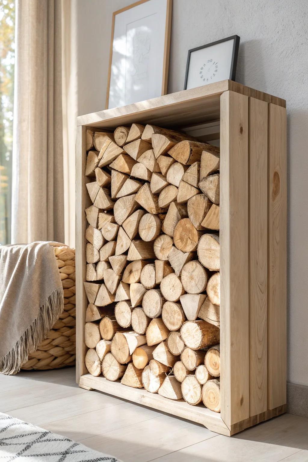 A stacked firewood wall turns your den into rustic architecture—warm texture, clean lines.