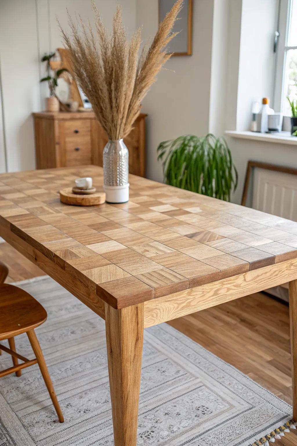 End-grain butcher block beauty—rustic checkerboard warmth built for everyday dining.
