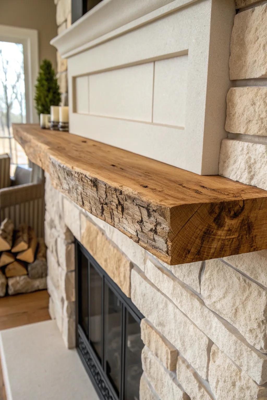 Live-edge wood mantel: raw natural drama that warms a calm, earthy Scandinavian living room.