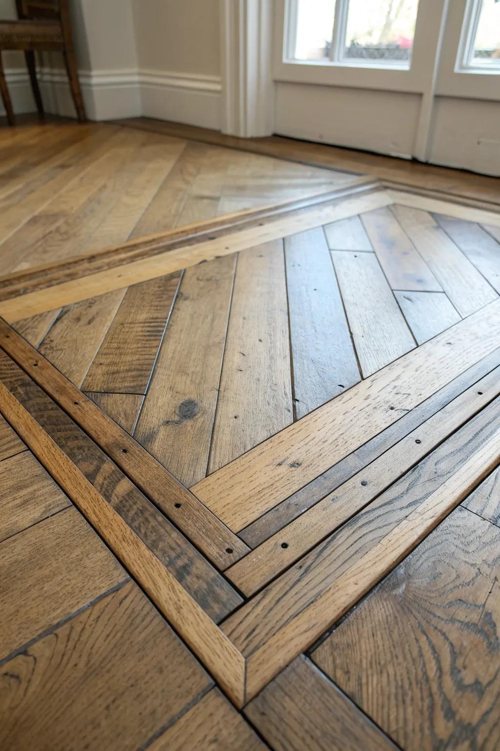 Reclaimed strip border inlay that frames your room like art—rustic, simple, timeless.