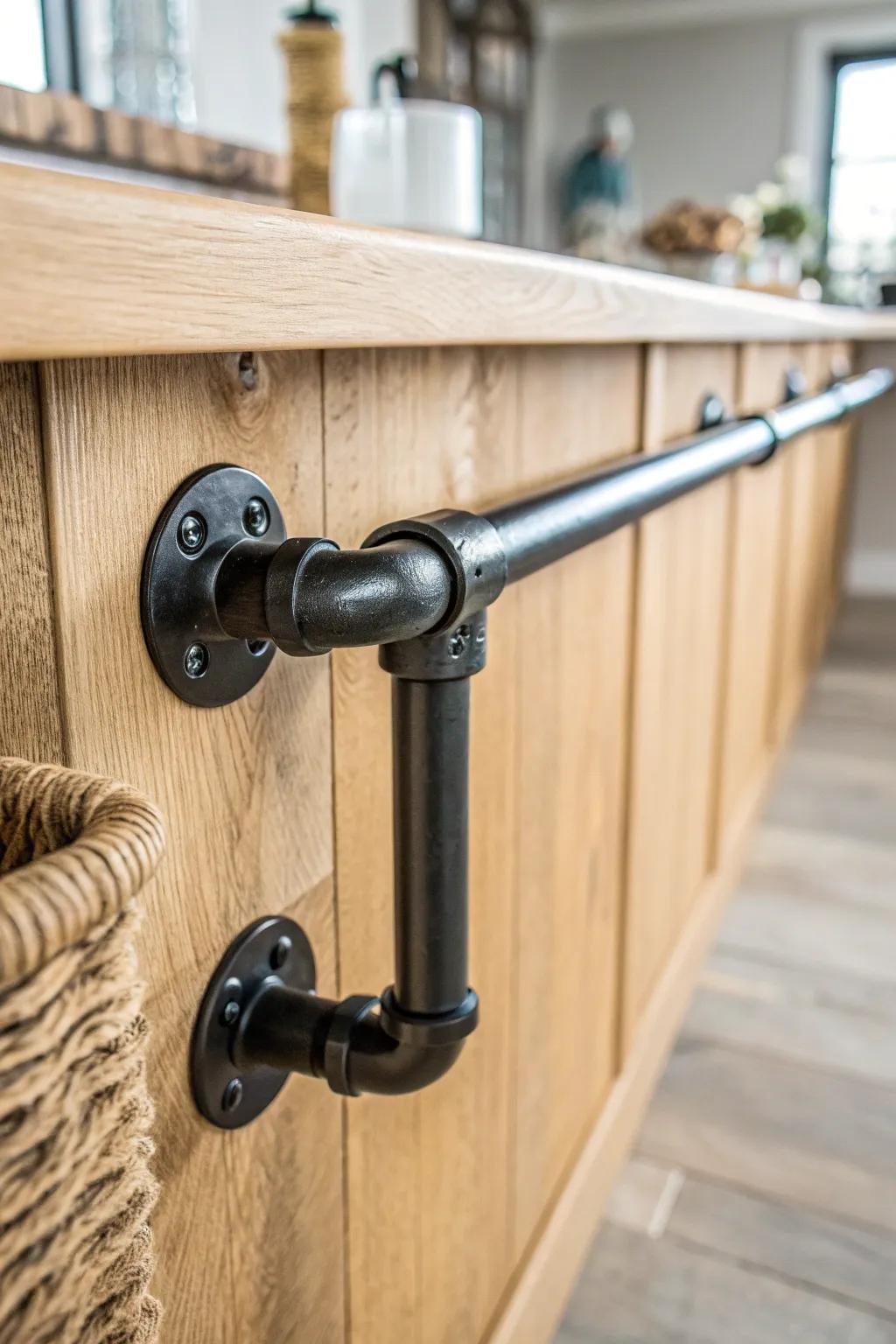 Matte black pipe foot rail—an easy upgrade that gives your garage bar a true pub feel.