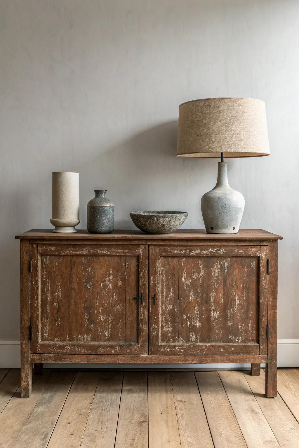 Distressed brown sideboard + grey ceramics—simple lamp styling that lets the patina shine.