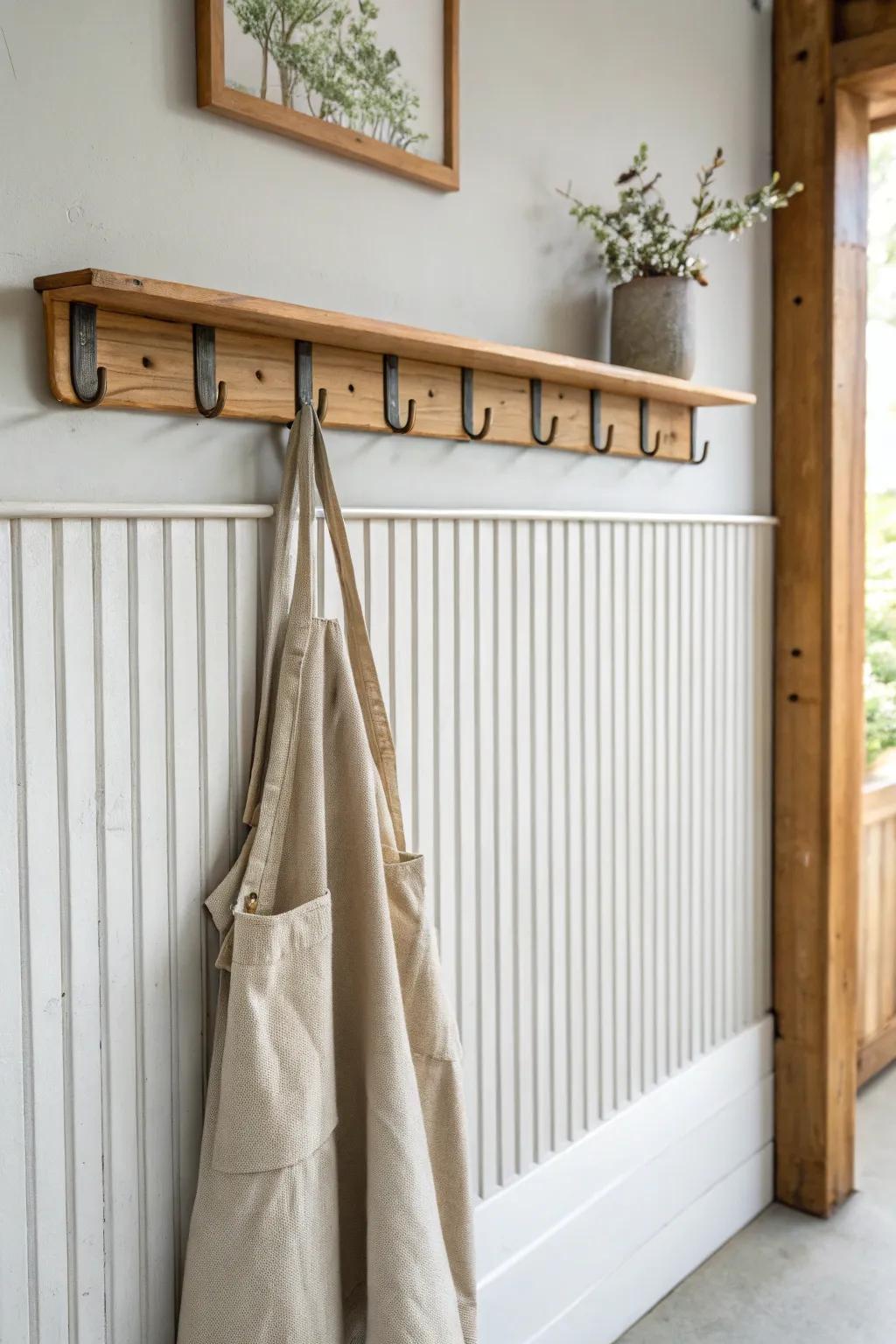 Half tin, half wood—this peg rail adds warm function and keeps the wall beautifully durable.