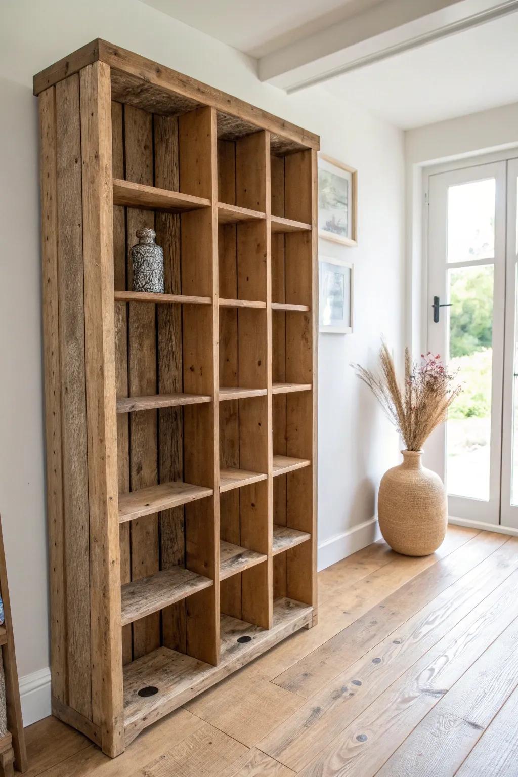 Scrap-wood cubbies that bring rustic order to a hallway—minimal, warm, and perfectly imperfect.