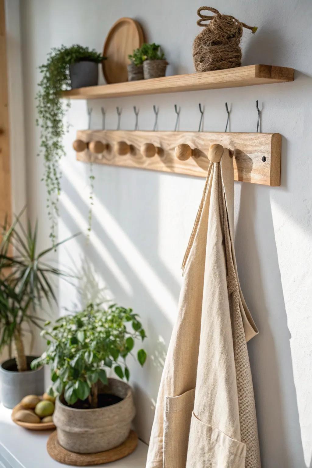 A simple oak peg rail adds rustic charm—perfect for aprons, towels, and daily kitchen tools.