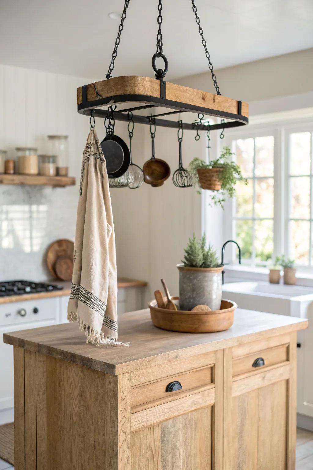 Rustic pot rack + warm pendant lights—turn your island into a beautiful, working station.