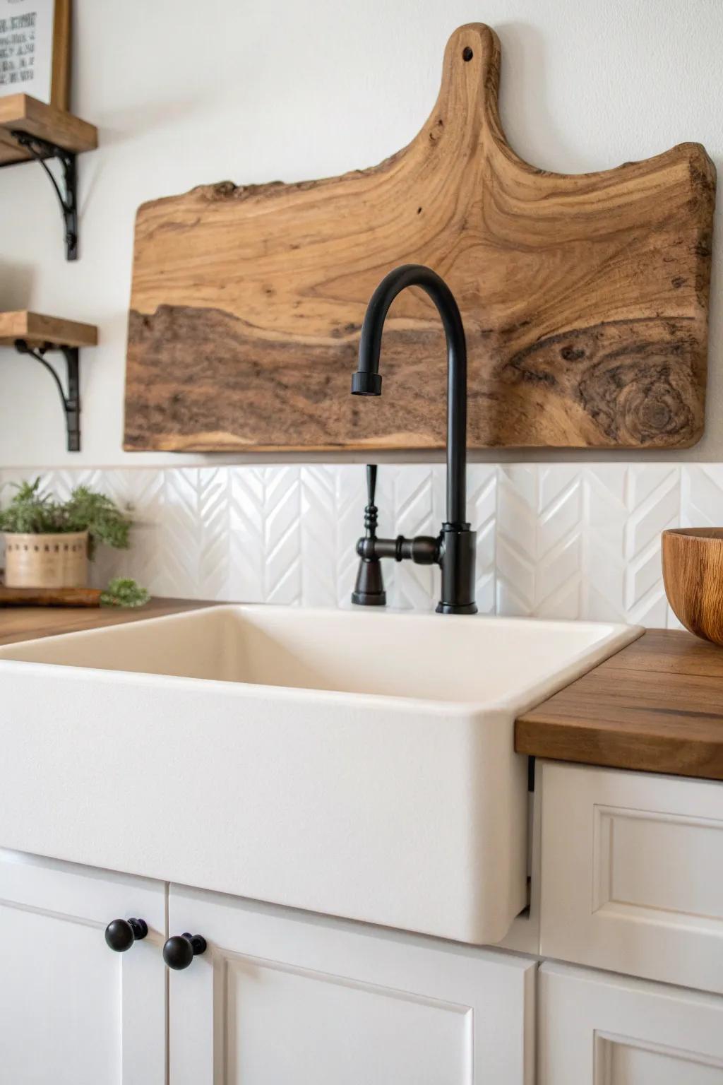 Live-edge wood backsplash turns the sink wall into rustic art—sealed, simple, and stunning.