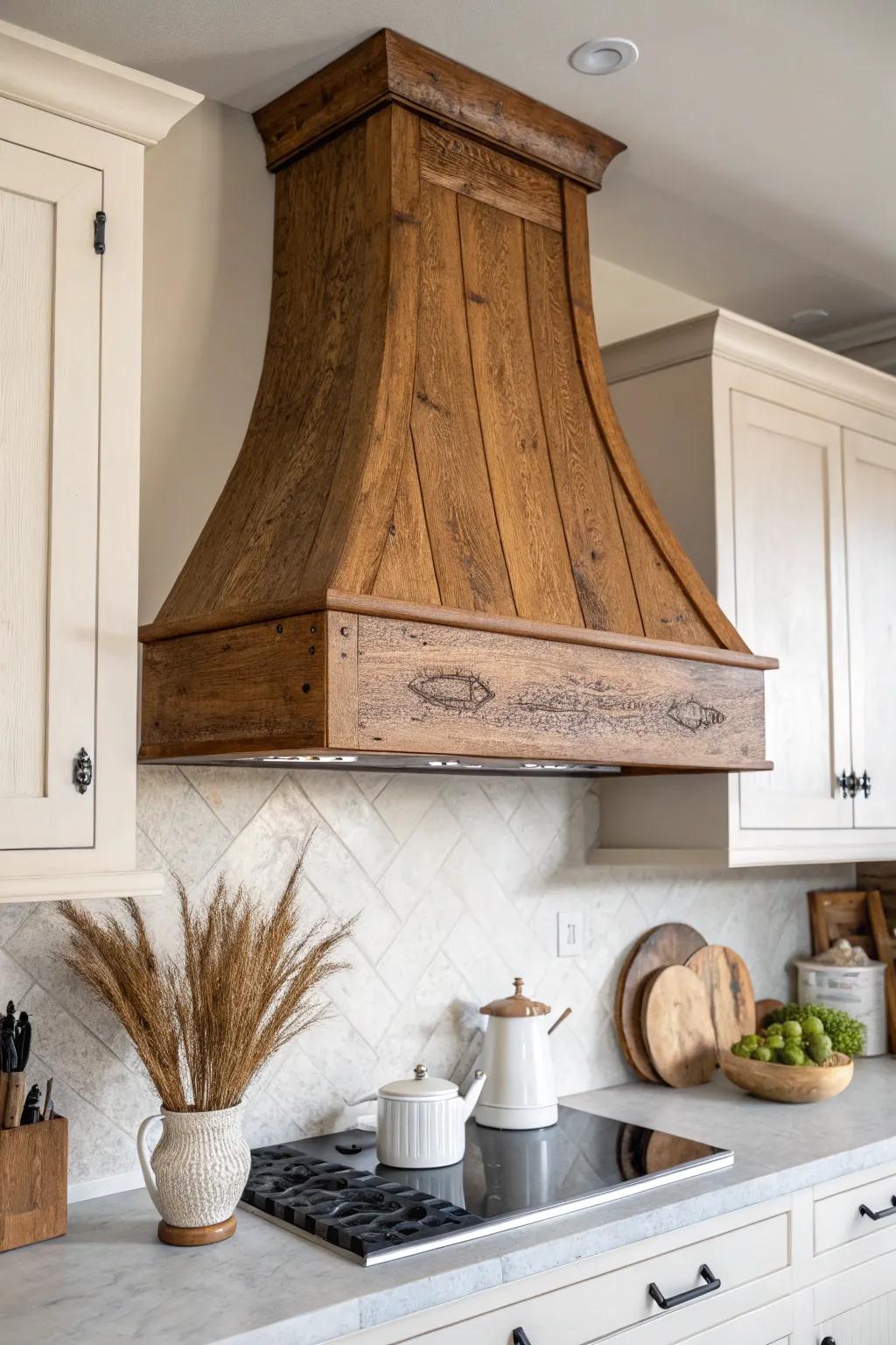 Rustic range hood with a built-in plate ledge—styled sweetly, without dusty open shelves.