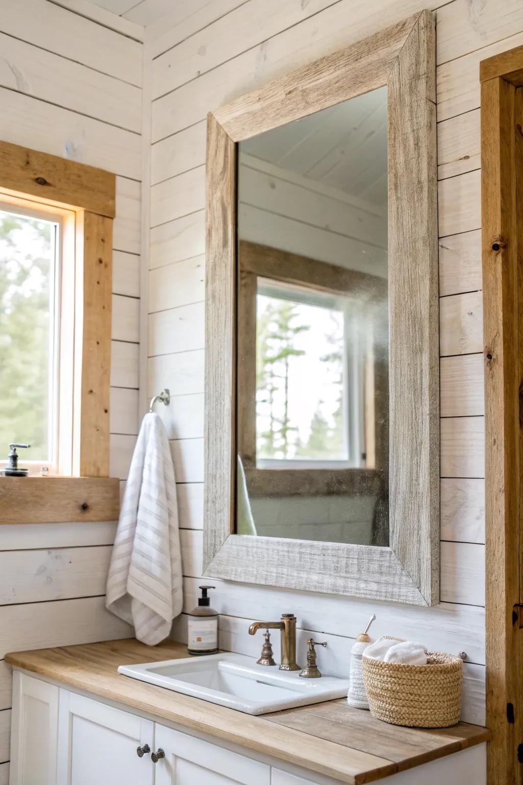 Rustic sealed shiplap brings cozy cabin warmth to the bathroom—beautiful, bright, splash-safe.