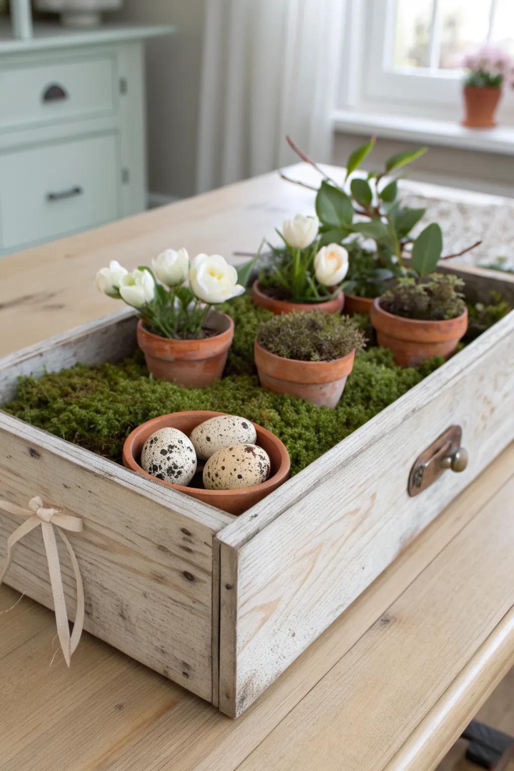 An upcycled wooden drawer becomes a rustic spring tray with moss, speckled eggs, and blooms.