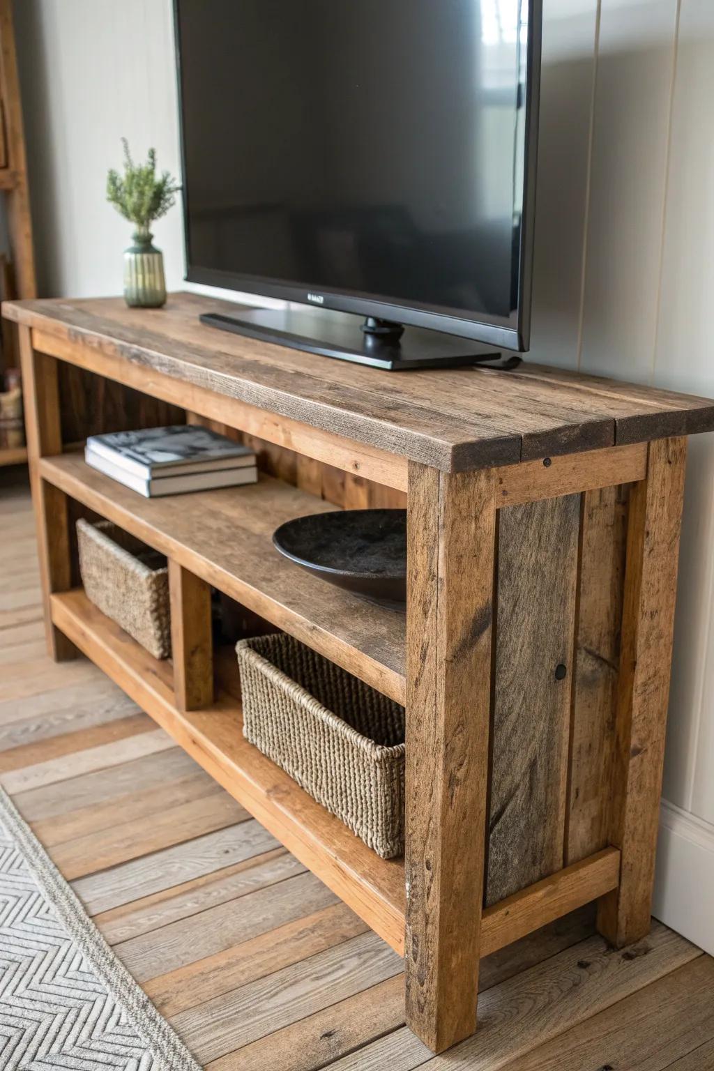 Reclaimed wood TV stand with a sleek epoxy river inlay—rustic texture meets glossy contrast.