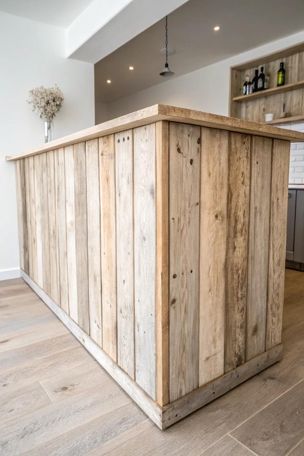 Weathered pallet wood bar front—charmingly imperfect texture with clean, sanded edges.