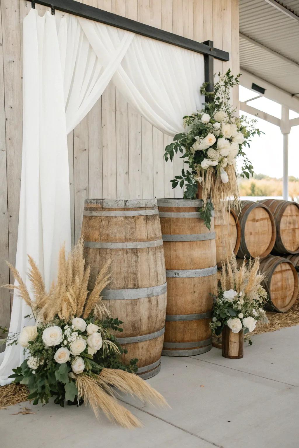 Stacked wine barrel ceremony backdrop with soft linen and boho florals—rustic, refined, photo-ready.