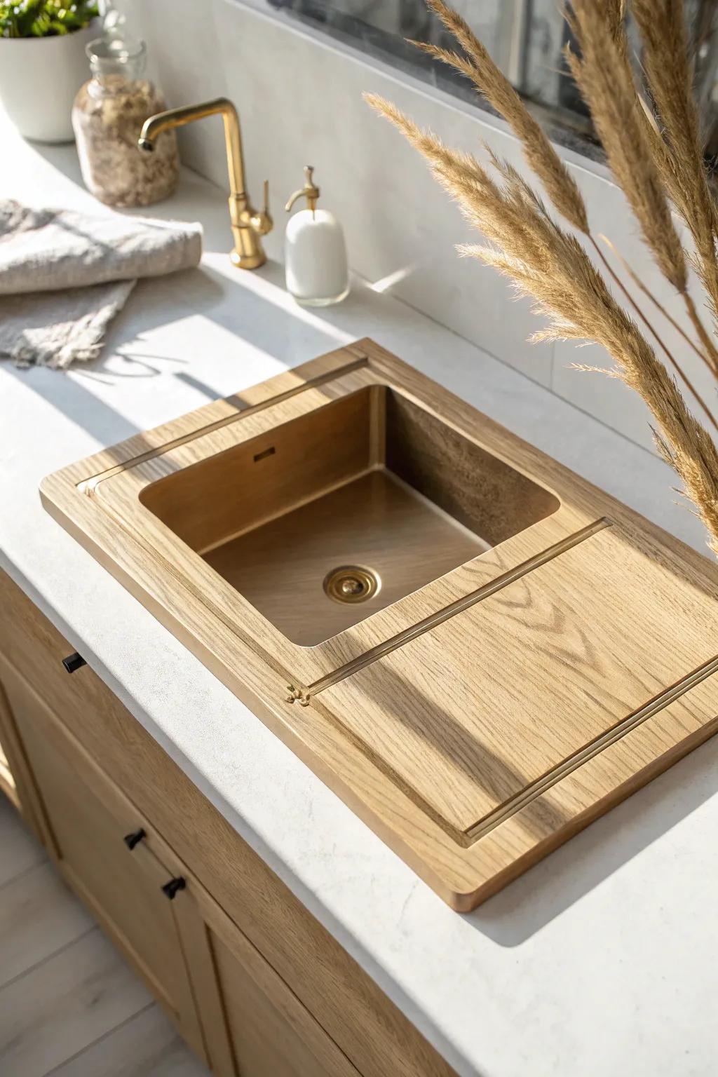 Light oak RV countertop with brushed brass inlay lines for a sleek, custom modern edge.