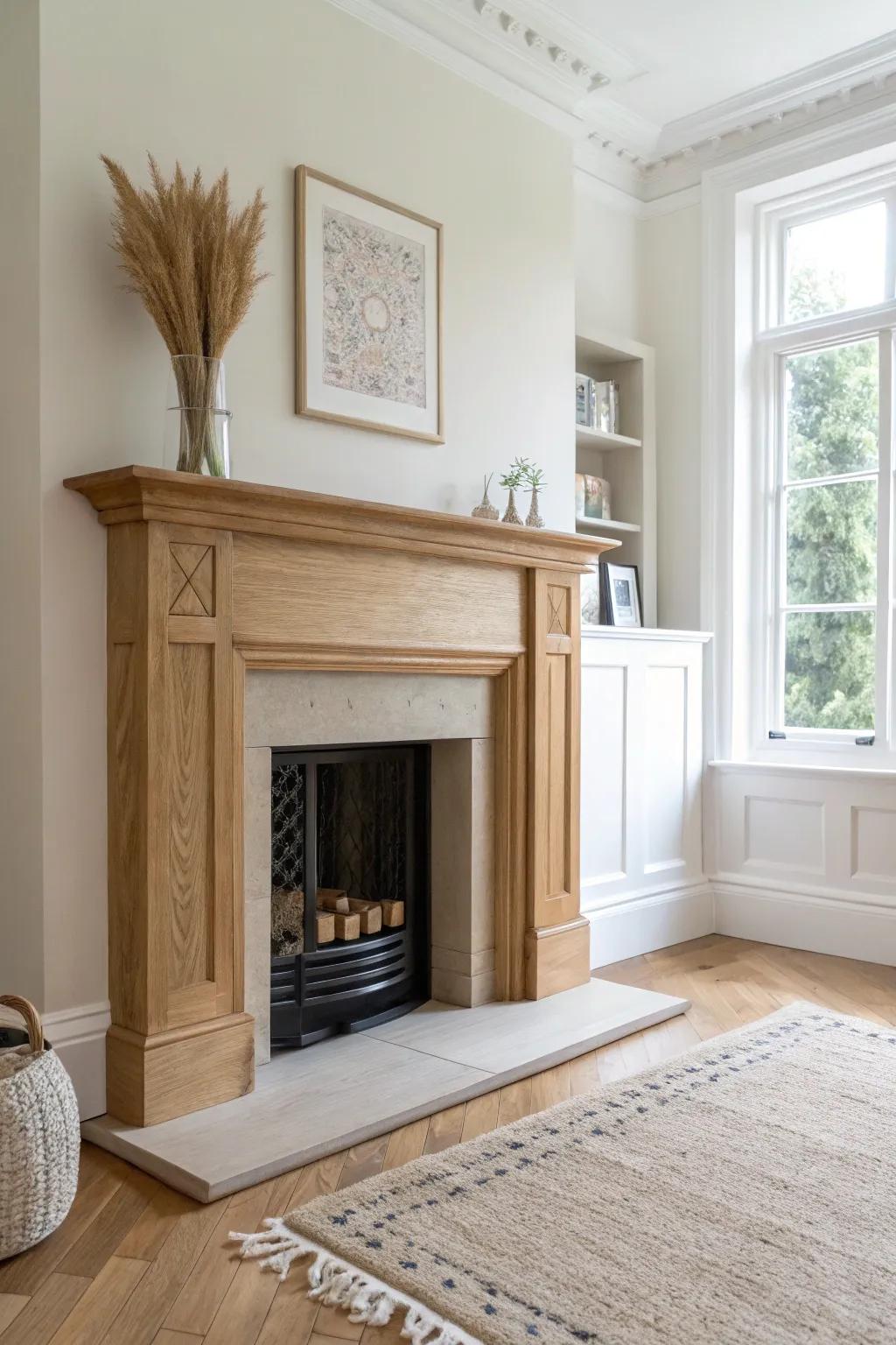 A faux oak fireplace surround with a hidden swing-out panel—secret safe room door, seamless millwork.
