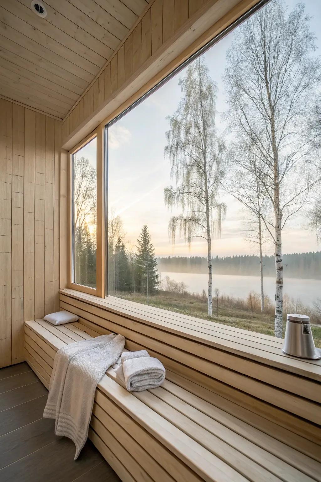 A wide, low sauna picture window turns the bench into a front-row seat to sky and trees.