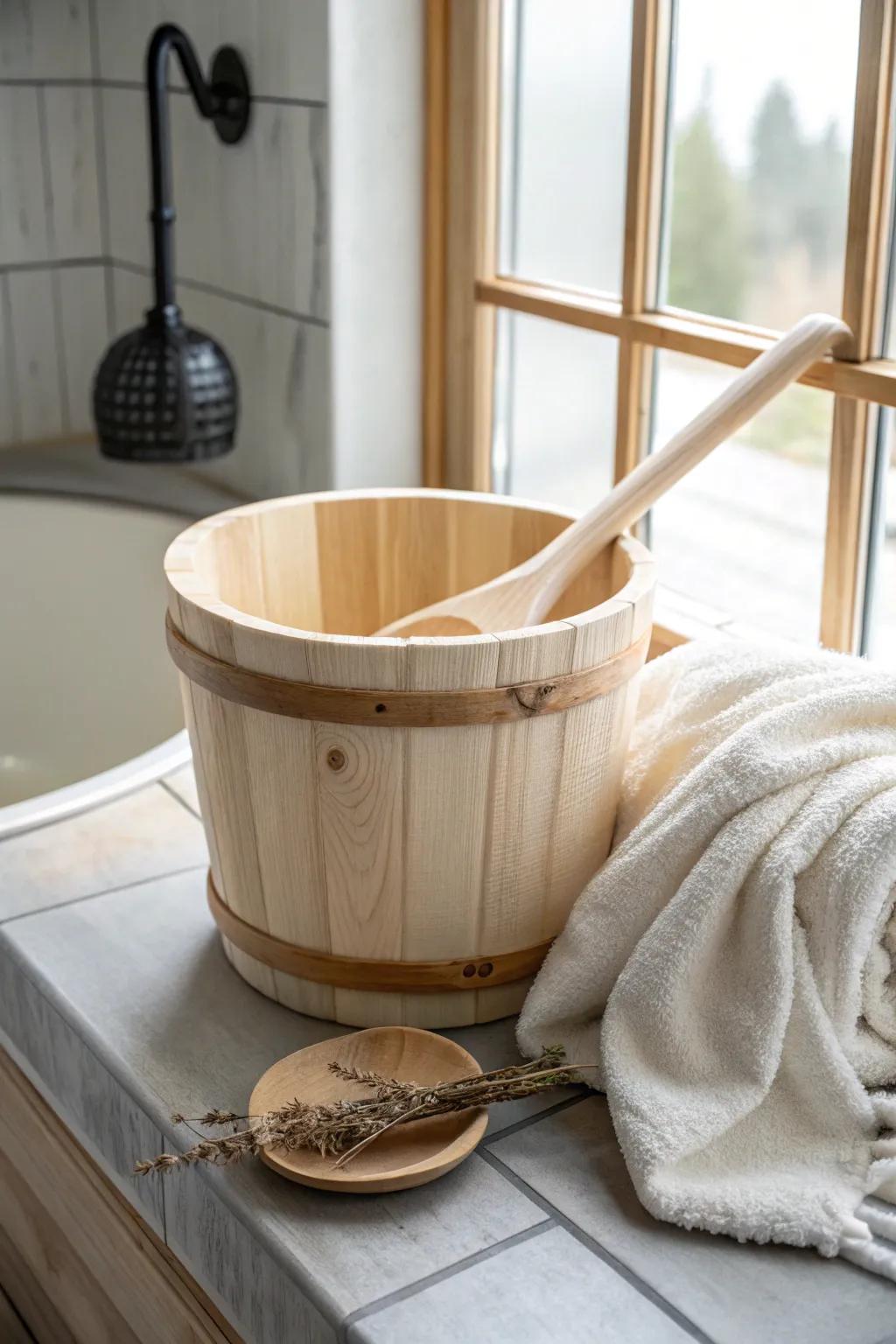 Daylit sauna warmth meets a sleek rinse zone—wood tones glowing in calm window light.