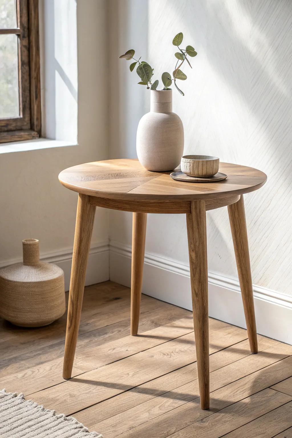 Softly rounded oak side table brings calm curves and Scandinavian warmth to a minimal room.