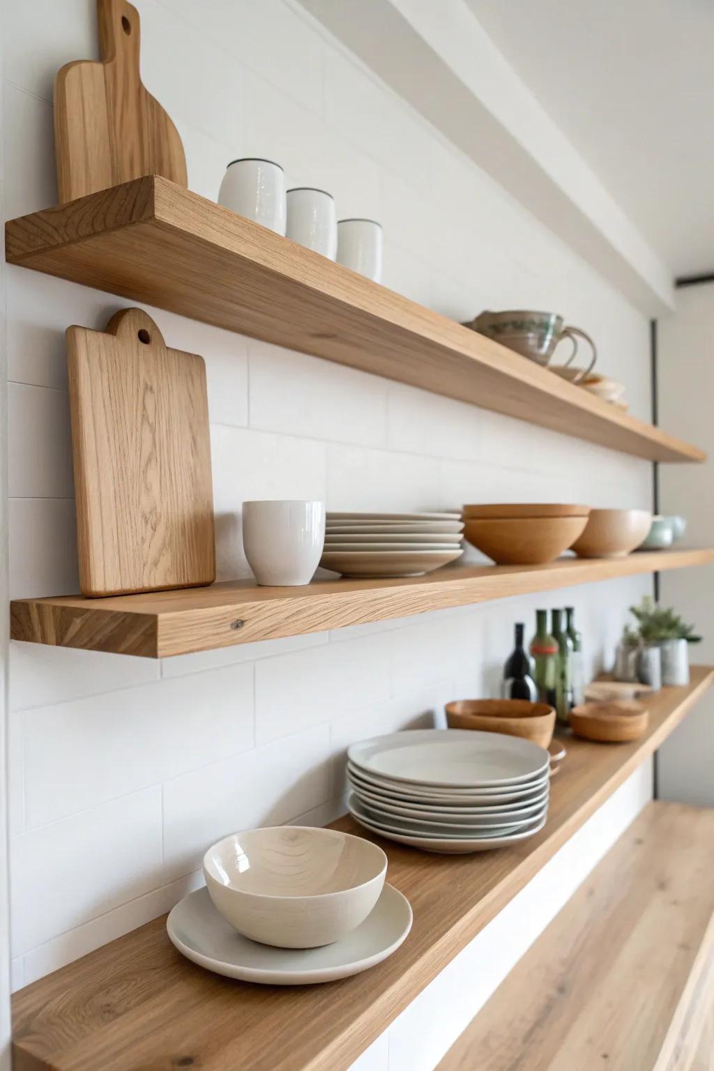 Open oak shelving with curated ceramics—airy, calm, and perfectly Scandinavian for dining rooms.