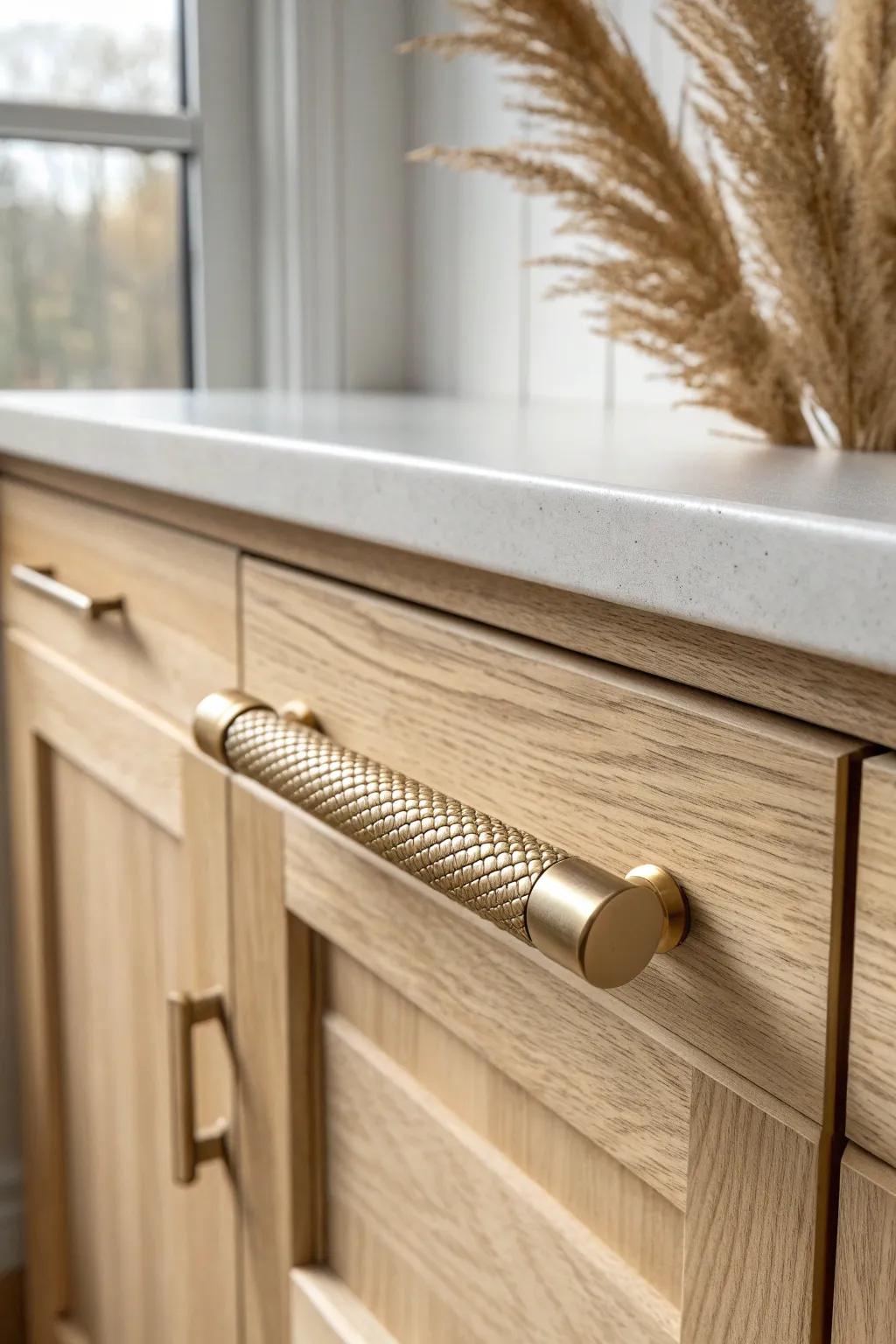 Knurled brass pulls add a subtle Shaker wow—beautiful texture with a confident, grippy feel.