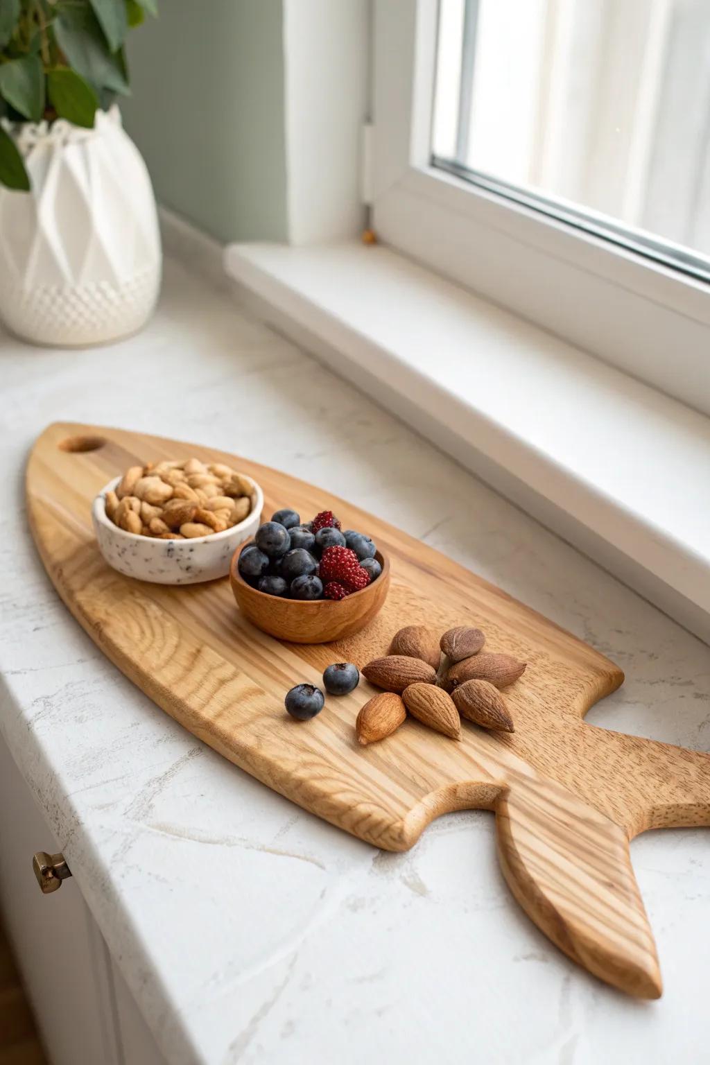 Routed wave channels make this shark board look luxe—blueberries and nuts settle perfectly in the “sea.”