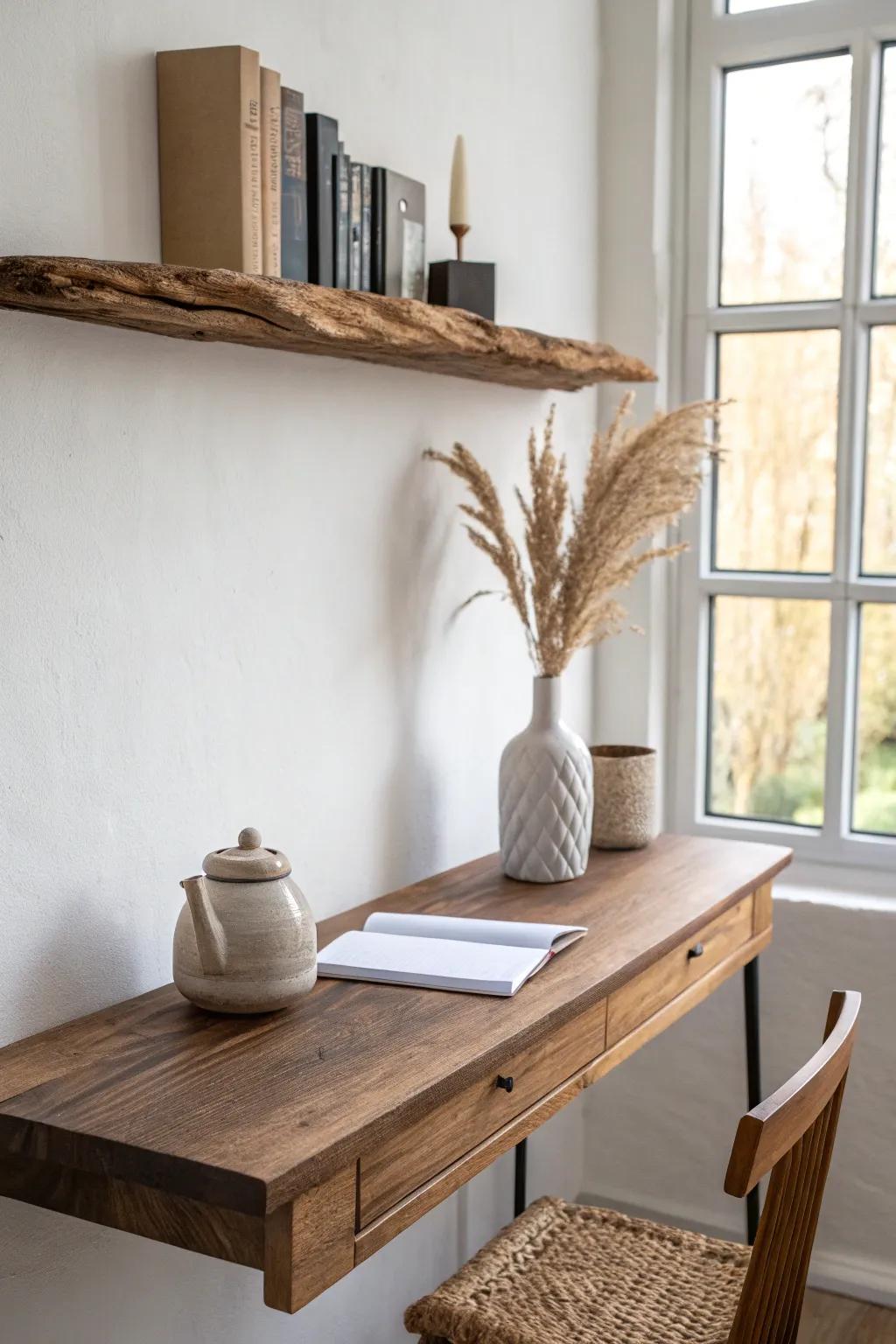A live-edge shelf above the desk adds organic warmth and a handcrafted focal point.