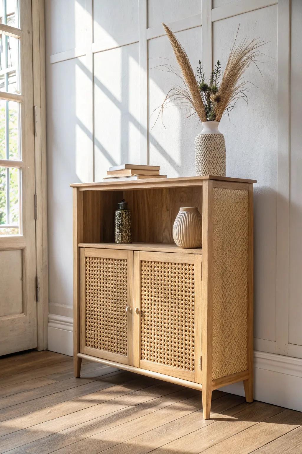 Cane webbing shelf doors add airy texture while softly hiding clutter in style.