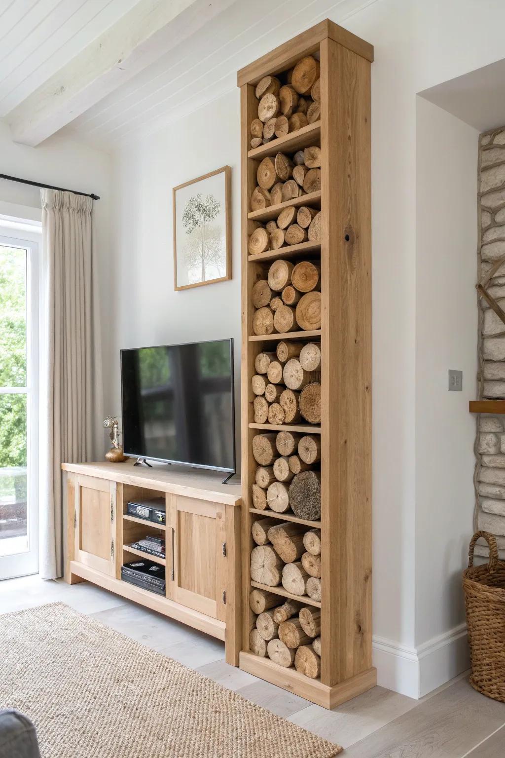 Rustic meets minimal: tall firewood cubby shelf beside the TV for warm, sculptural storage.