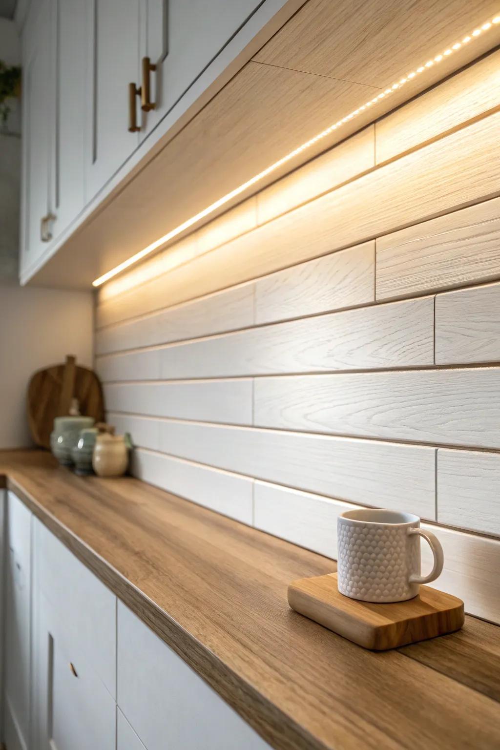 Hidden under-shelf lighting makes shiplap grooves glow—cozy, clean Scandi kitchen magic.
