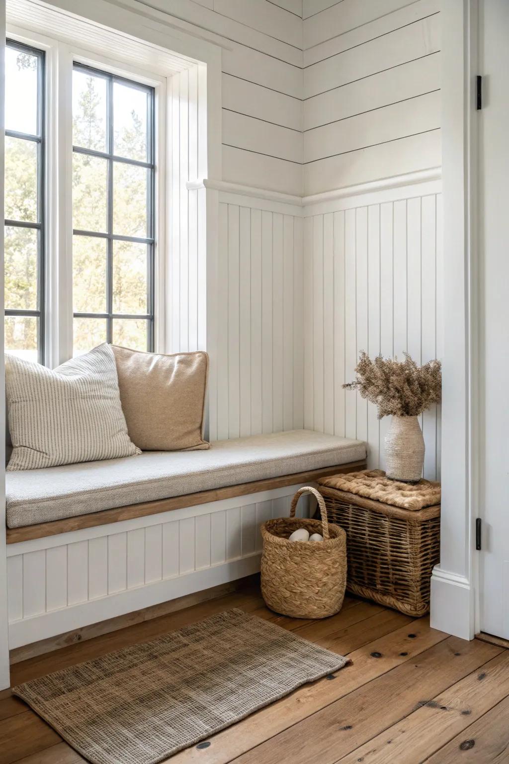 Turn a garage corner into a true mudroom zone with a shiplap-wrapped drop spot.