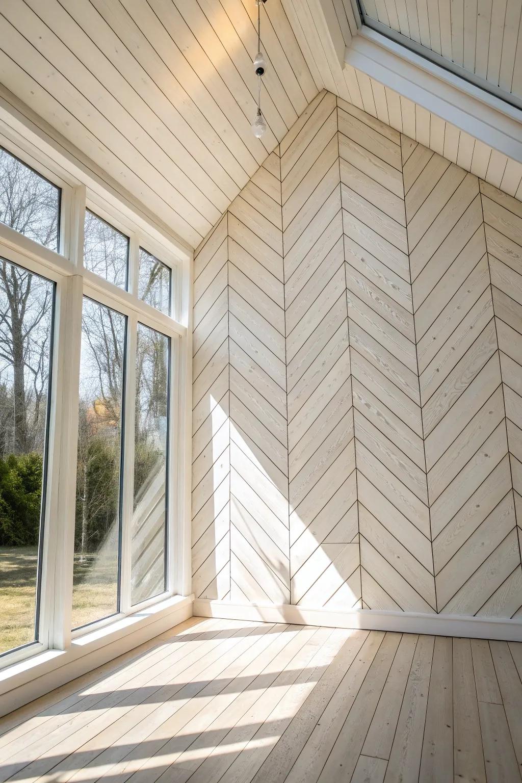 Diagonal shiplap on the sunroom gable end—subtle wow that feels custom and calm inside.