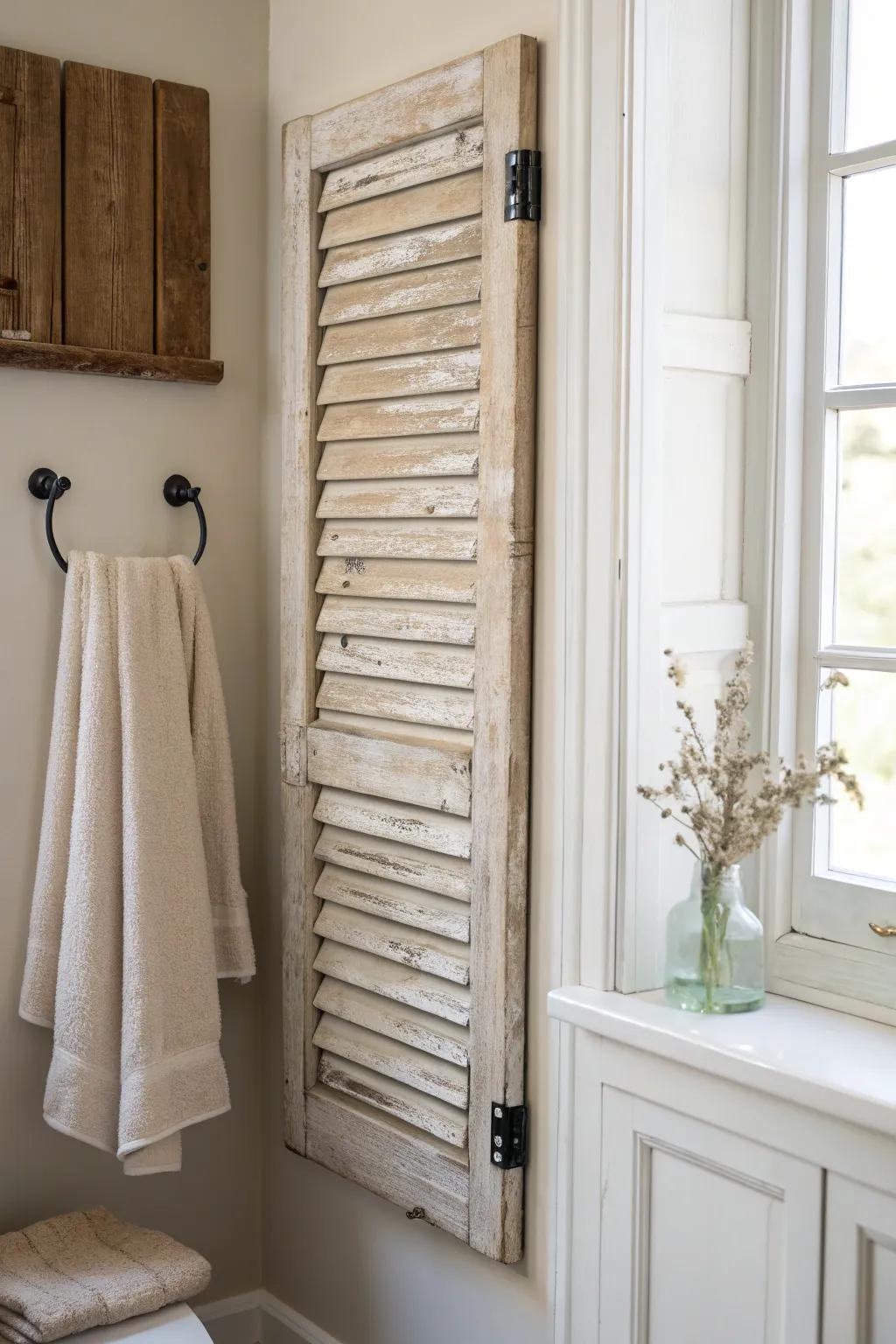 A reclaimed half-shutter adds texture and charm—perfect for tight bathroom wall space.