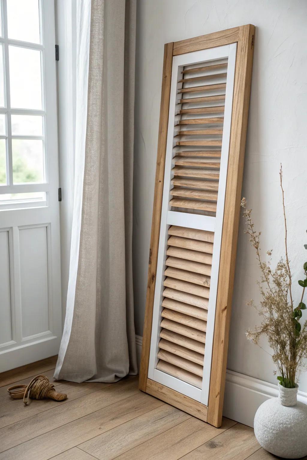 Two-tone shutters: painted frame + stained louvers for a perfectly coordinated wood mix.