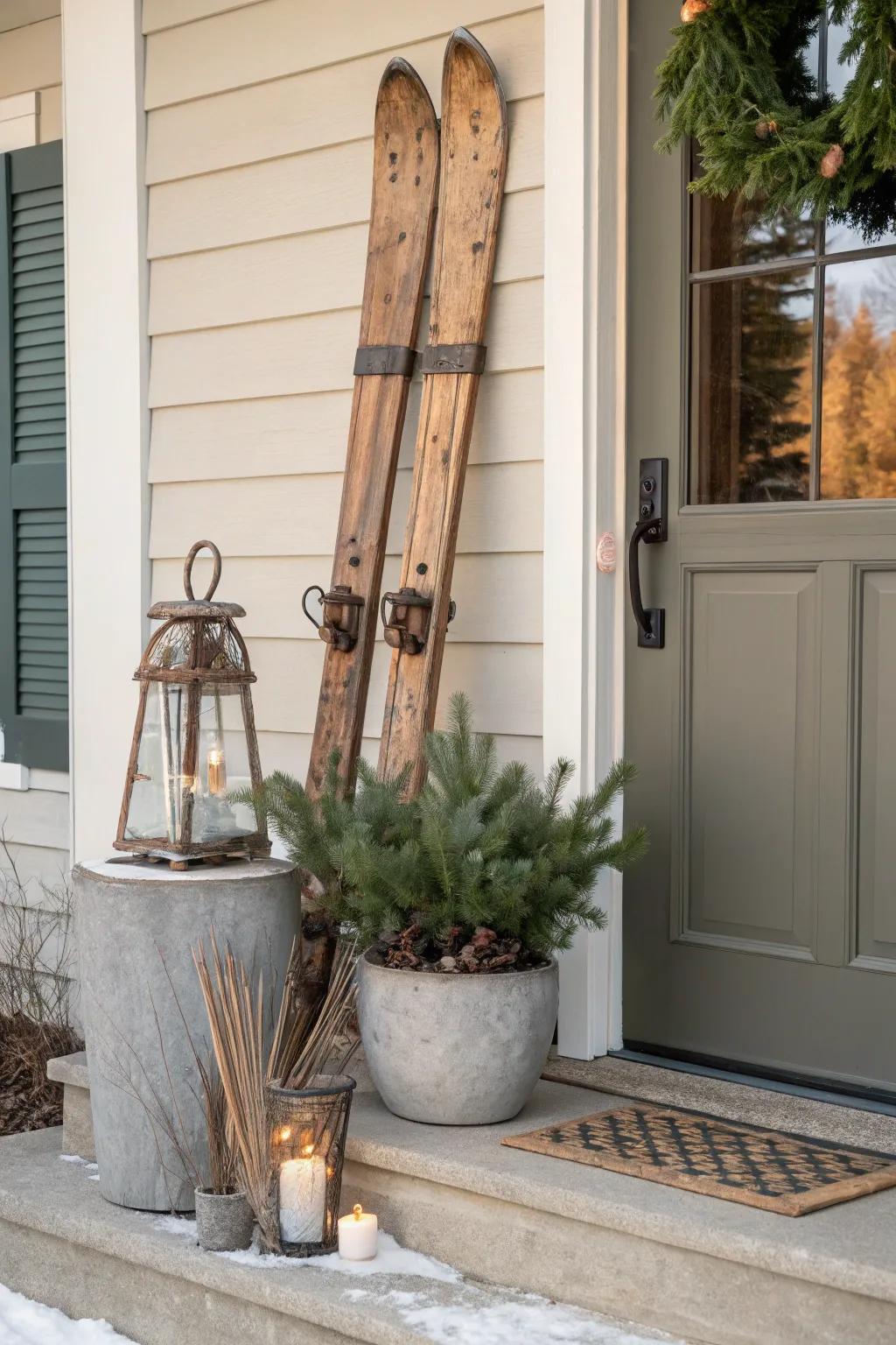 Vintage skis + evergreen planters: the coziest lodge-style porch moment, with or without snow.