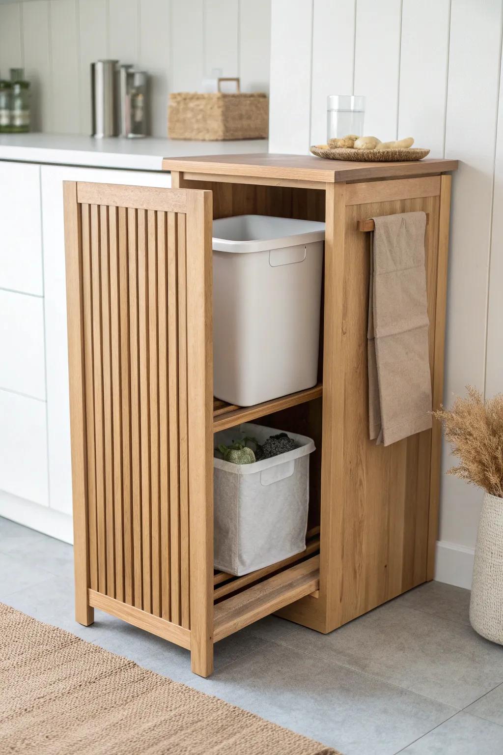 Slim pull-out cabinet: tidy trash + bag storage in one sleek, space-saving upgrade.