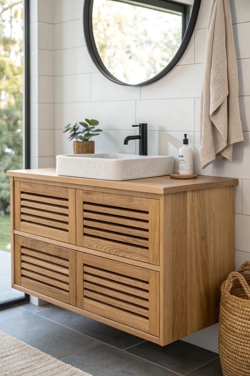 Horizontal oak slats that visually widen a small bathroom—minimal, warm, and handcrafted.