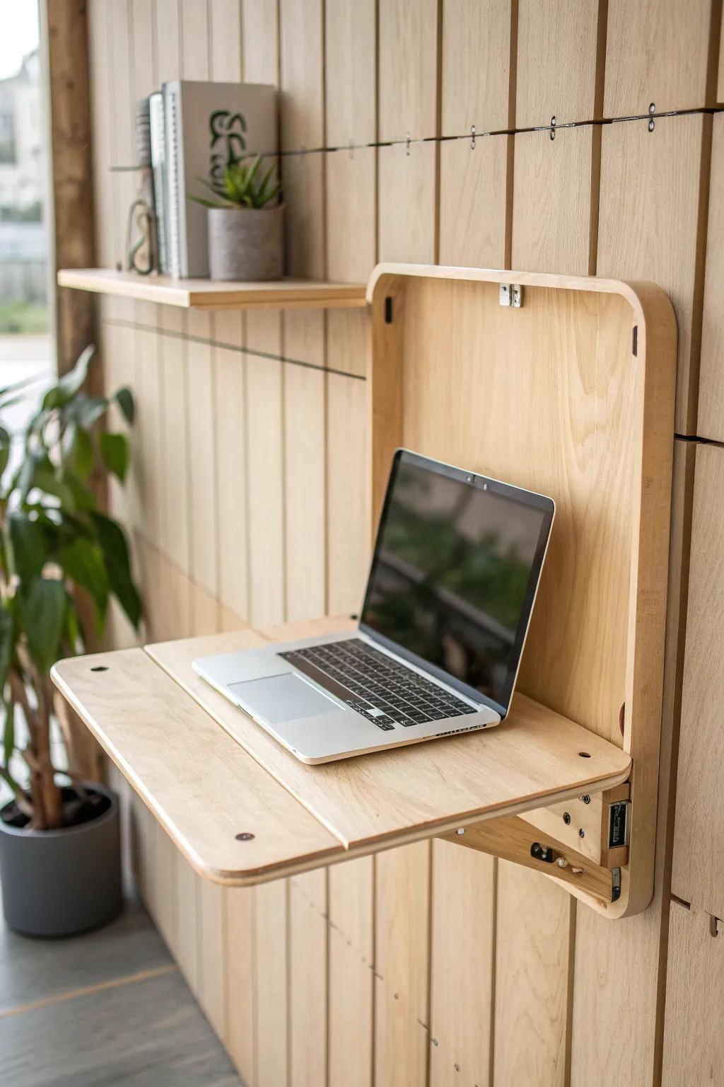 A fold-down mini shelf on a slat wall—instant work surface when your bench is full.