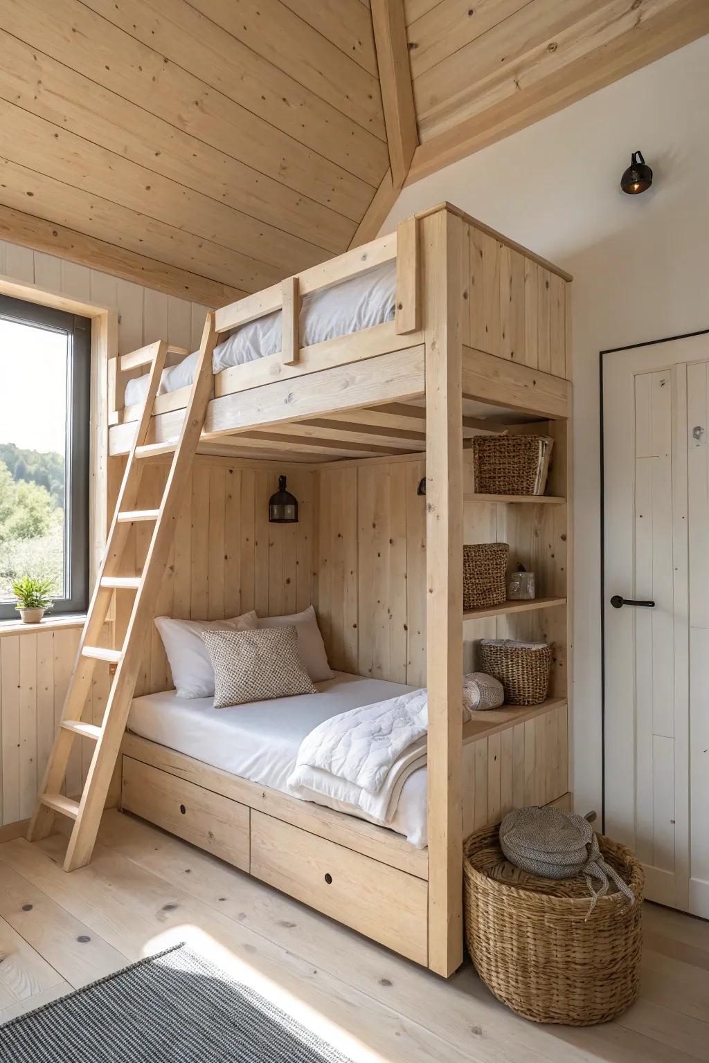 Split-level loft: sleep above, lounge below—light wood, soft linens, and smart headroom.