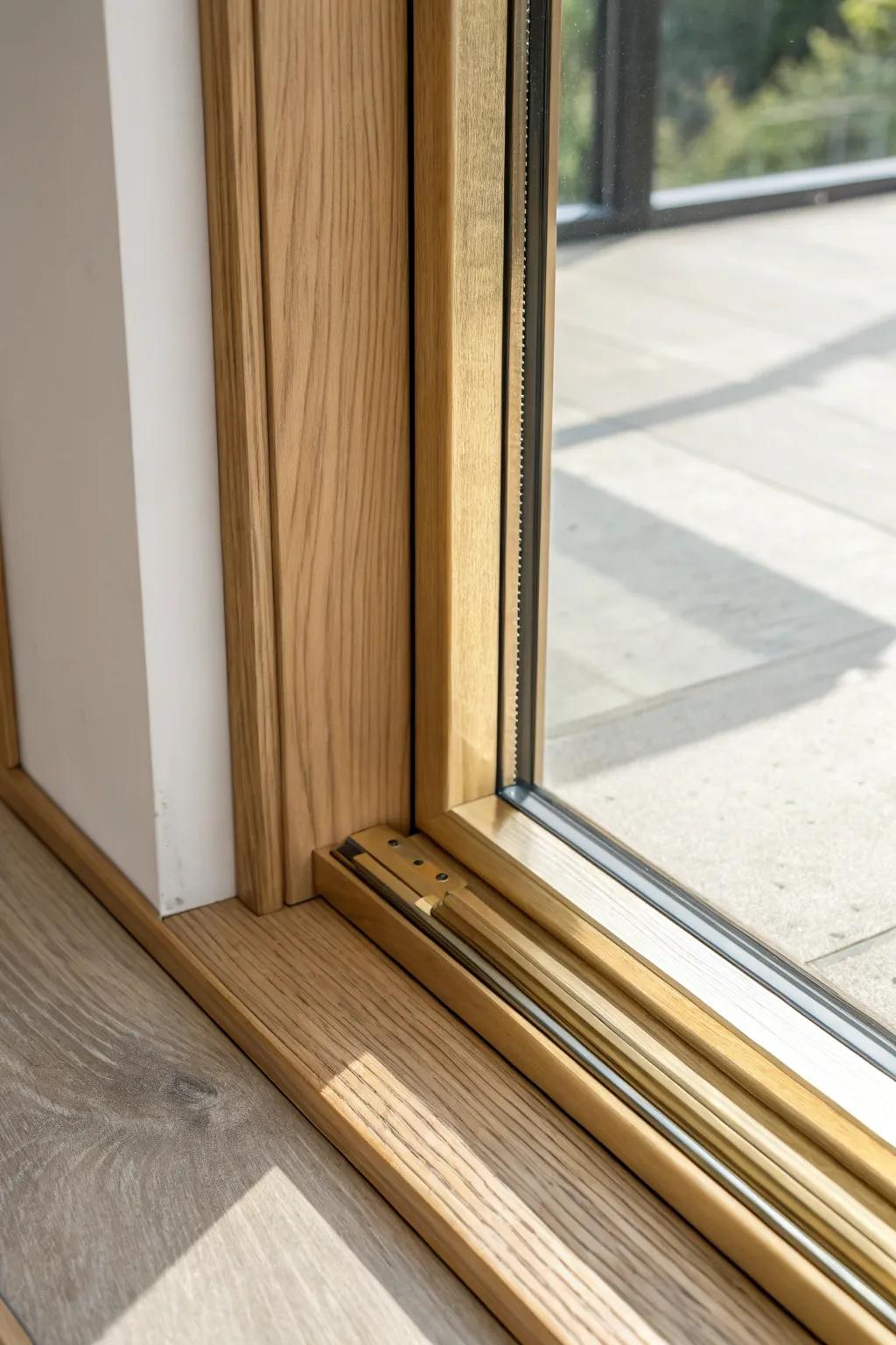 A razor-thin brass inlay turns simple oak sliding door trim into a sleek designer detail.