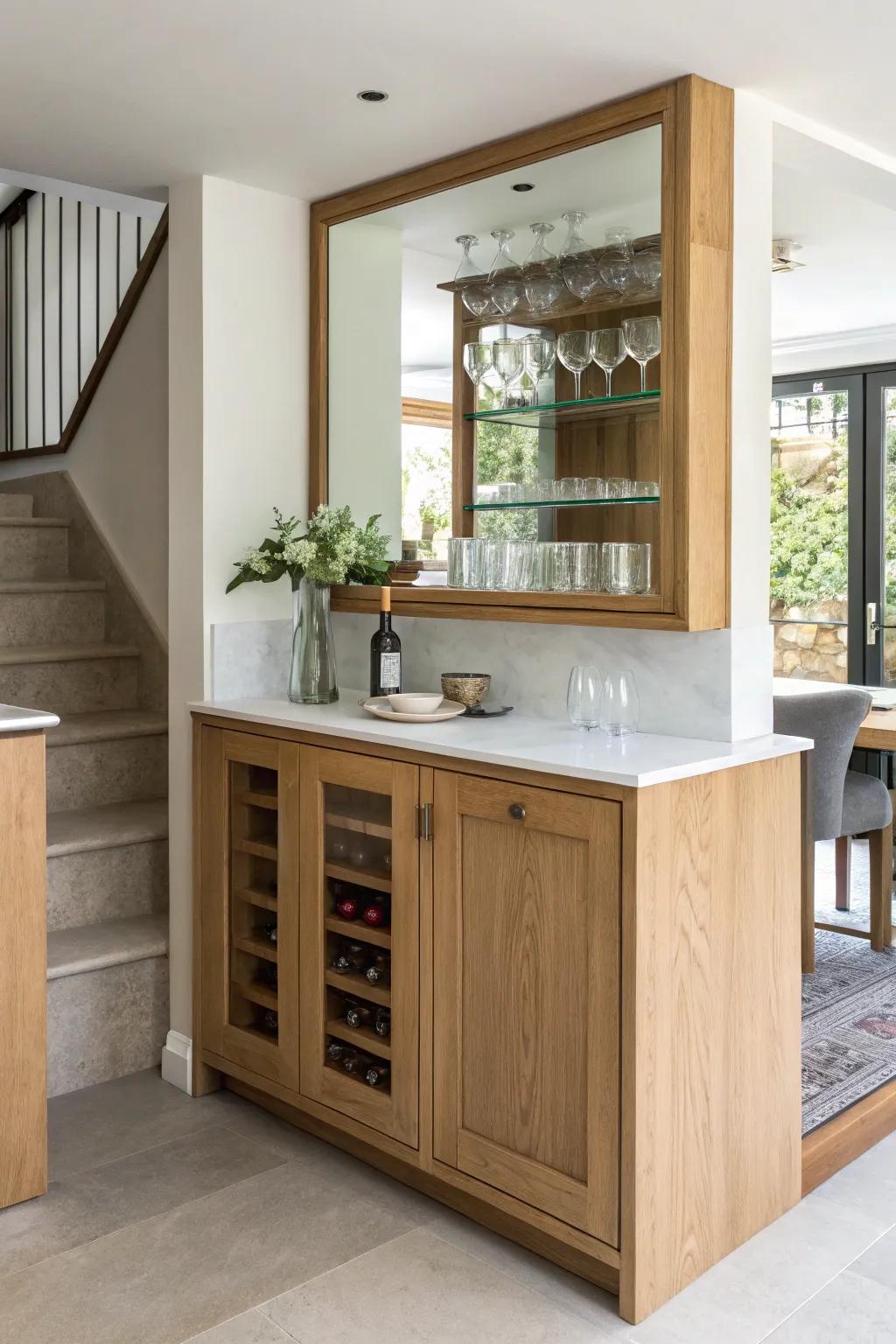 Mirror-back mini bar alcove: bright, space-boosting reflection paired with warm oak shelving.
