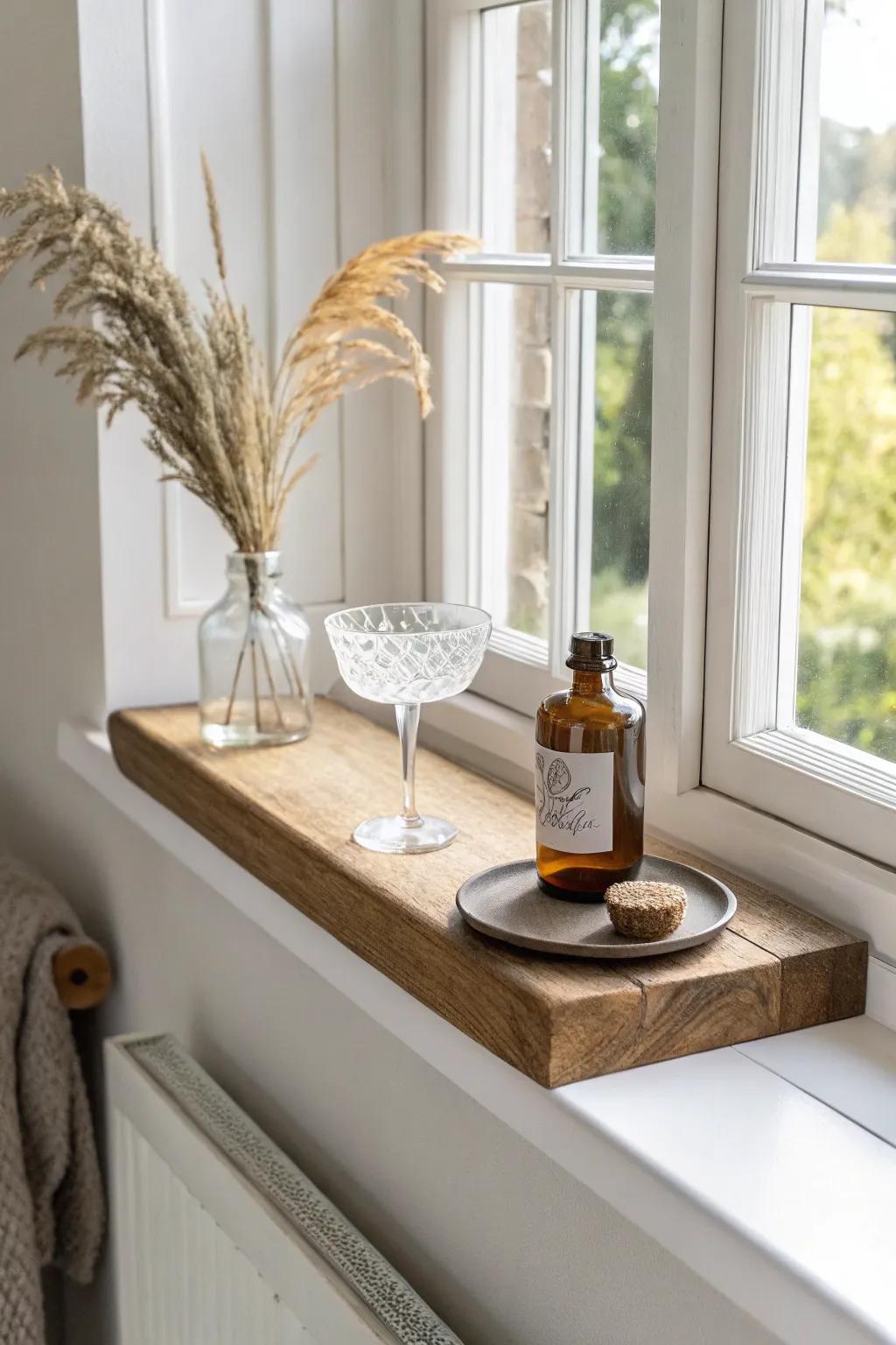 Turn a deep windowsill into a minimal sip station with a slim oak shelf and one perfect glass.