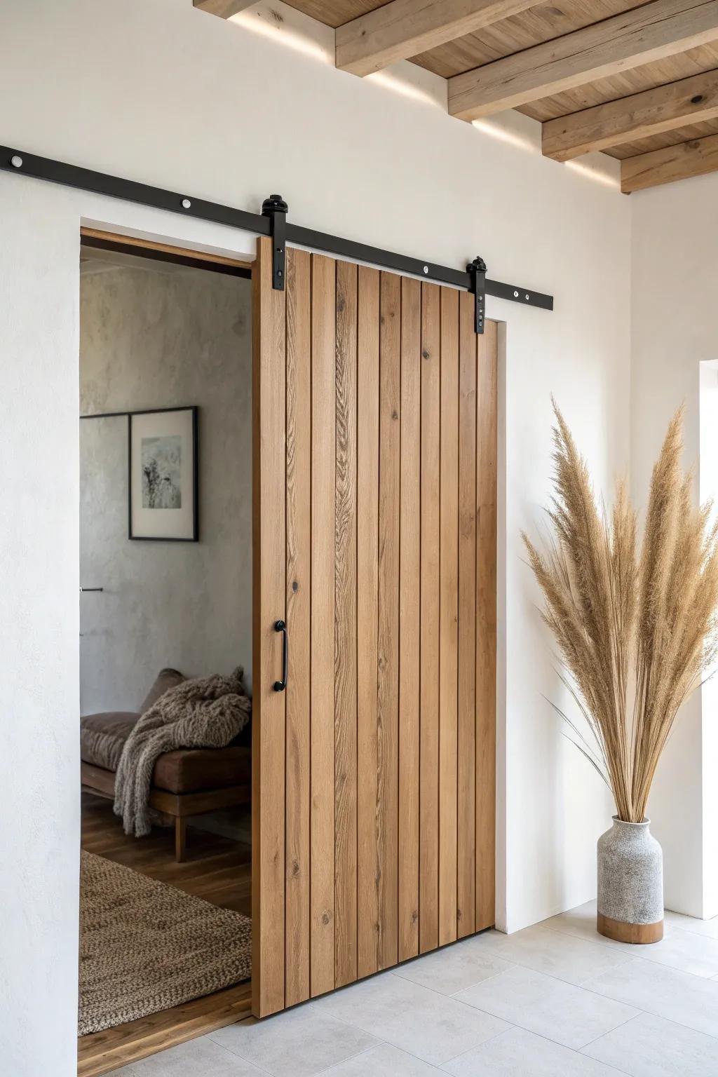 Convertible stall room: a handcrafted sliding wood partition that flexes from guest space to workshop.