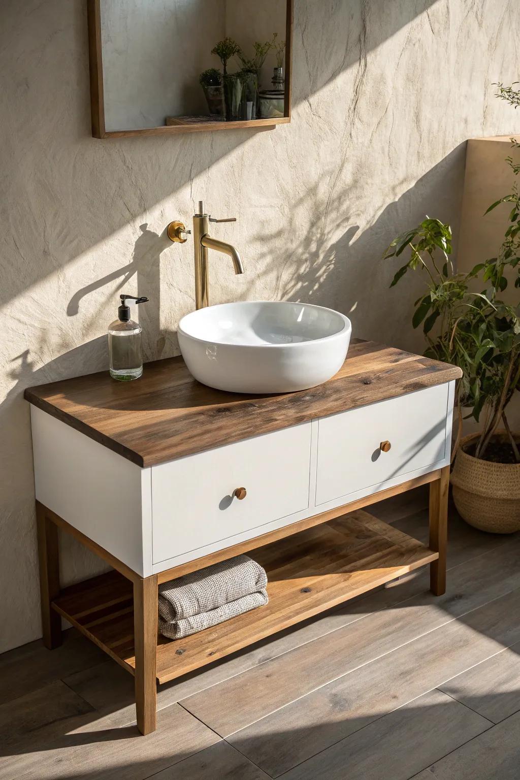 Live-edge walnut vanity top with a compact sink—small footprint, big handcrafted impact.