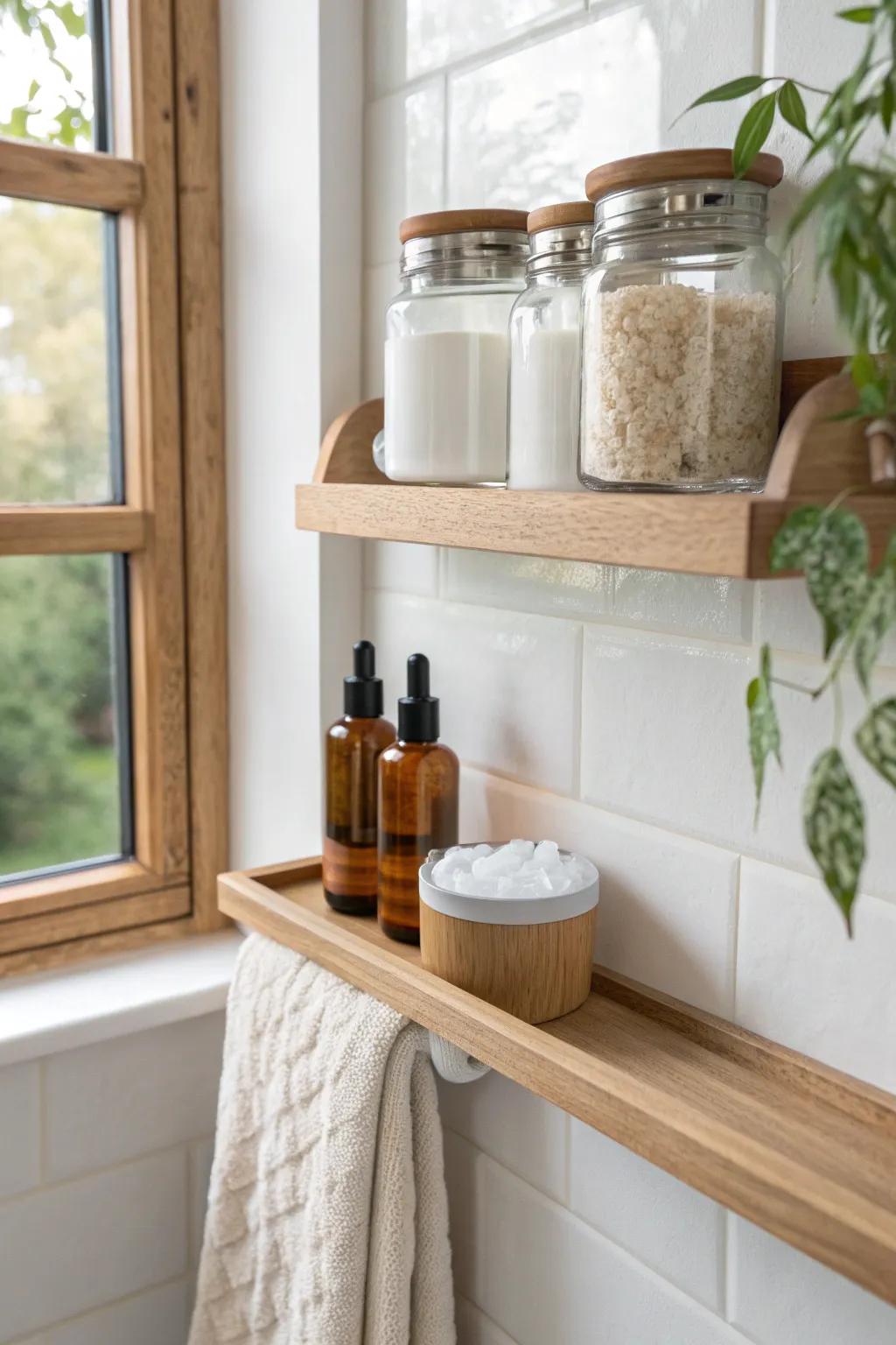 A slim window-frame shelf turns natural light into the prettiest storage spot.