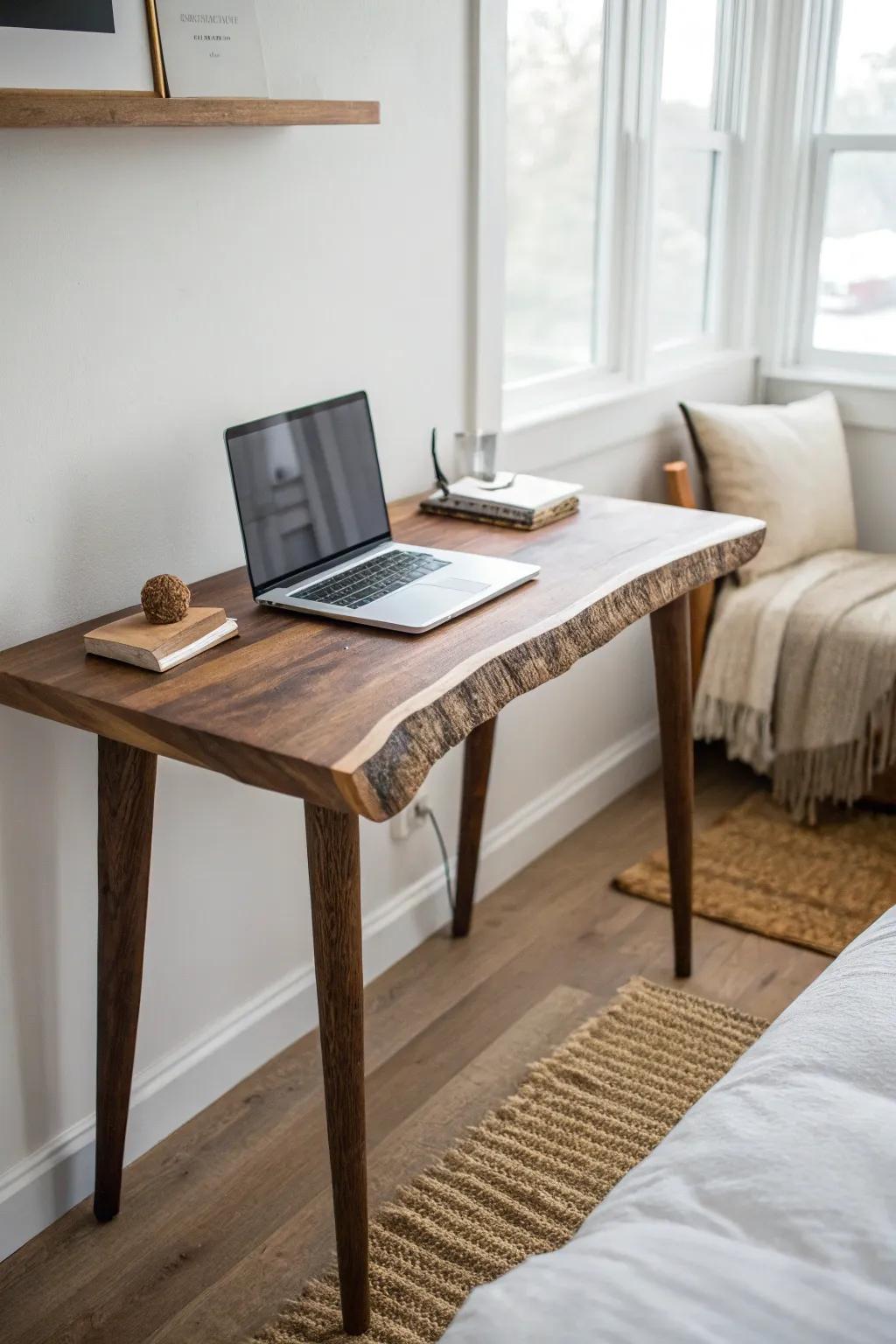 Slim live-edge walnut micro desk—instant warmth and style for a small bedroom office.